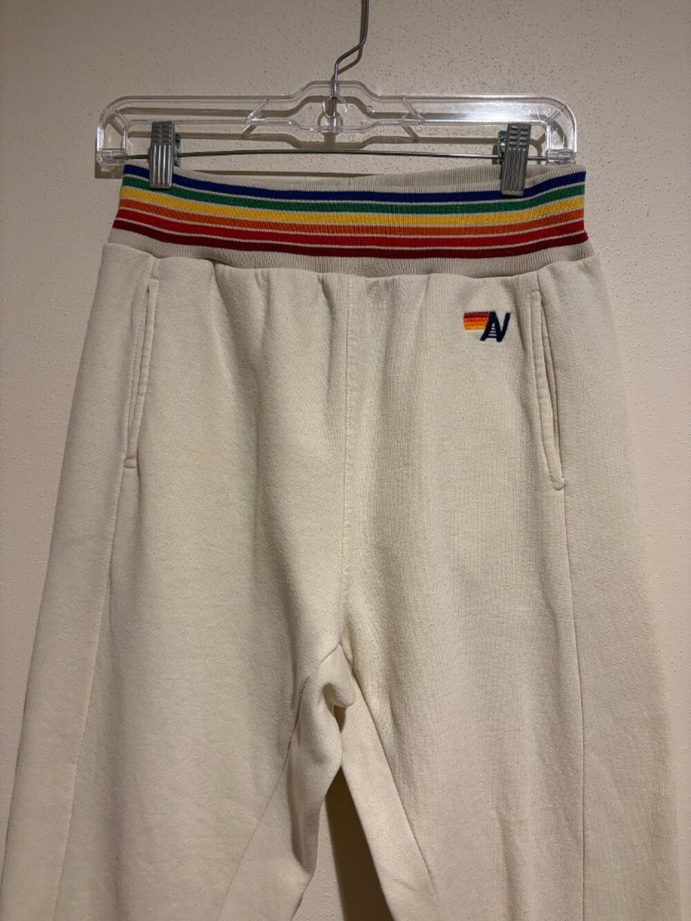 Aviator Nation Joggers Sweatpants Cream Rainbow Stripe Ribbed Trim - Picture 2 of 15